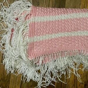 Striped Fringe Pink and White Crochet Blanket